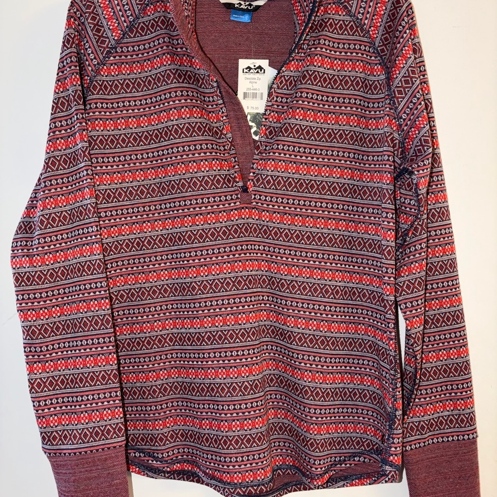 Kavu Red and White Geometric Long Sleeve Shirt - Desolate Zip Alpine
